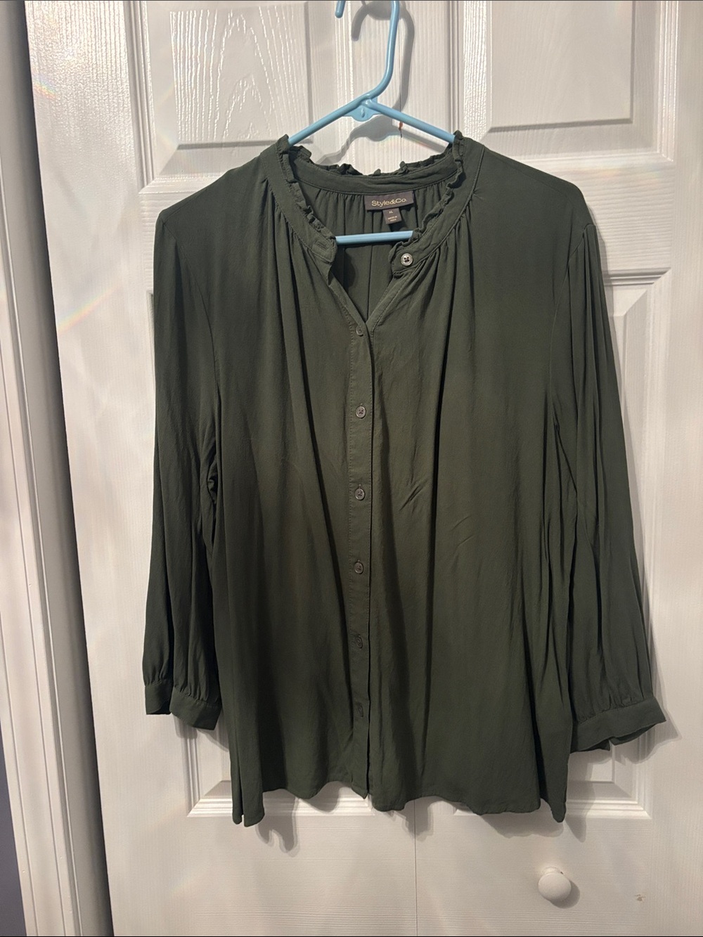 Style & Co Olive Green Button-Front Ruffle Neck Blouse